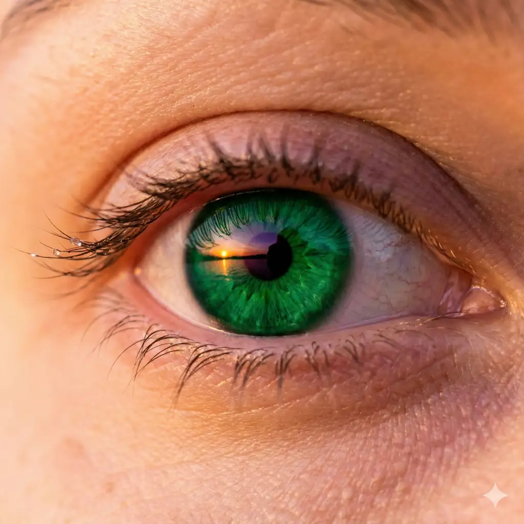 Emerald eye with sunset reflection extreme close-up macro photo created with Nano Banana Pro