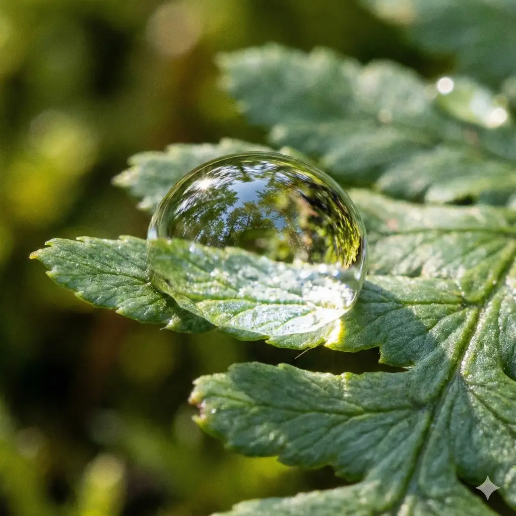 Dew drop on fern leaf macro close-up photo created with Nano Banana Pro