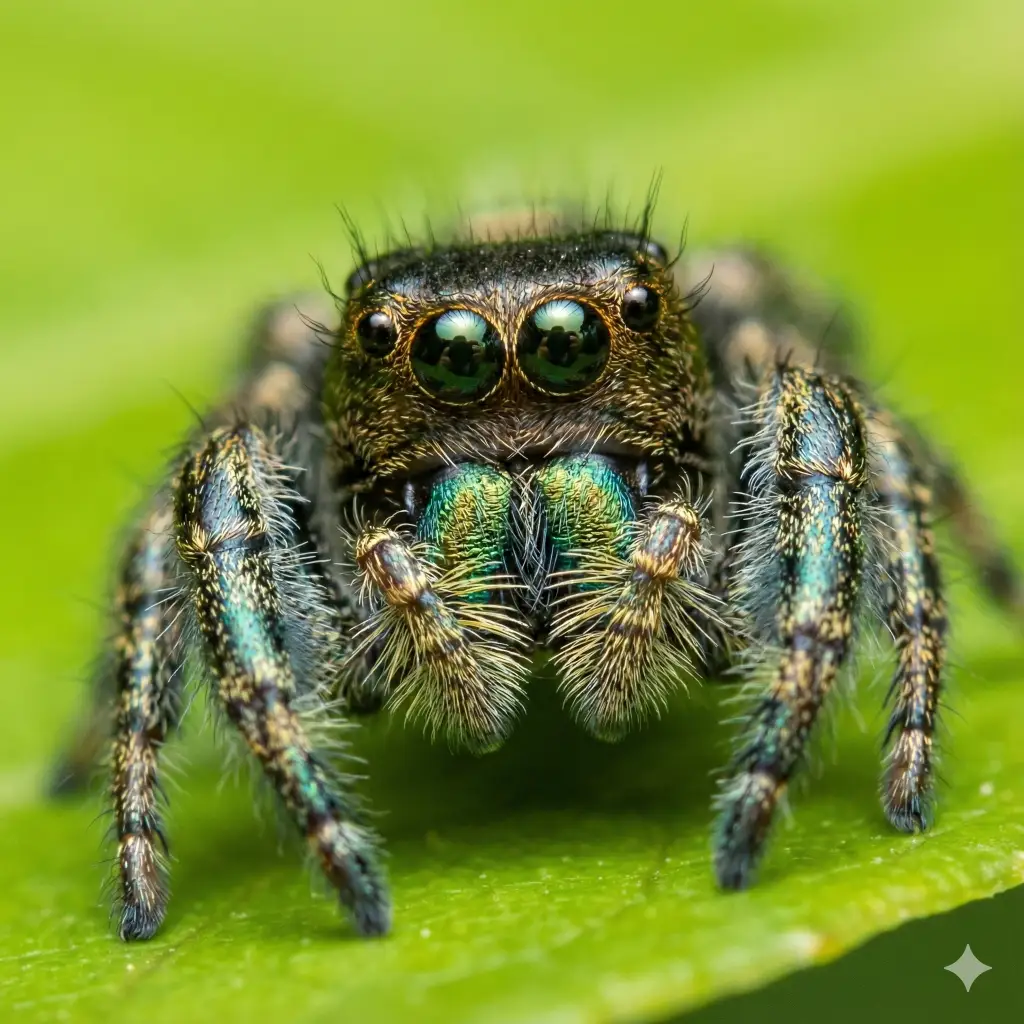 Jumping spider with glassy eyes macro close-up photo created with Nano Banana Pro