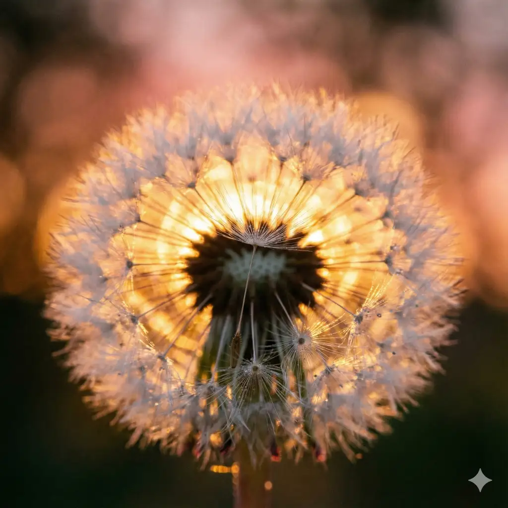Dandelion seed in sunset close-up photo created with Nano Banana Pro