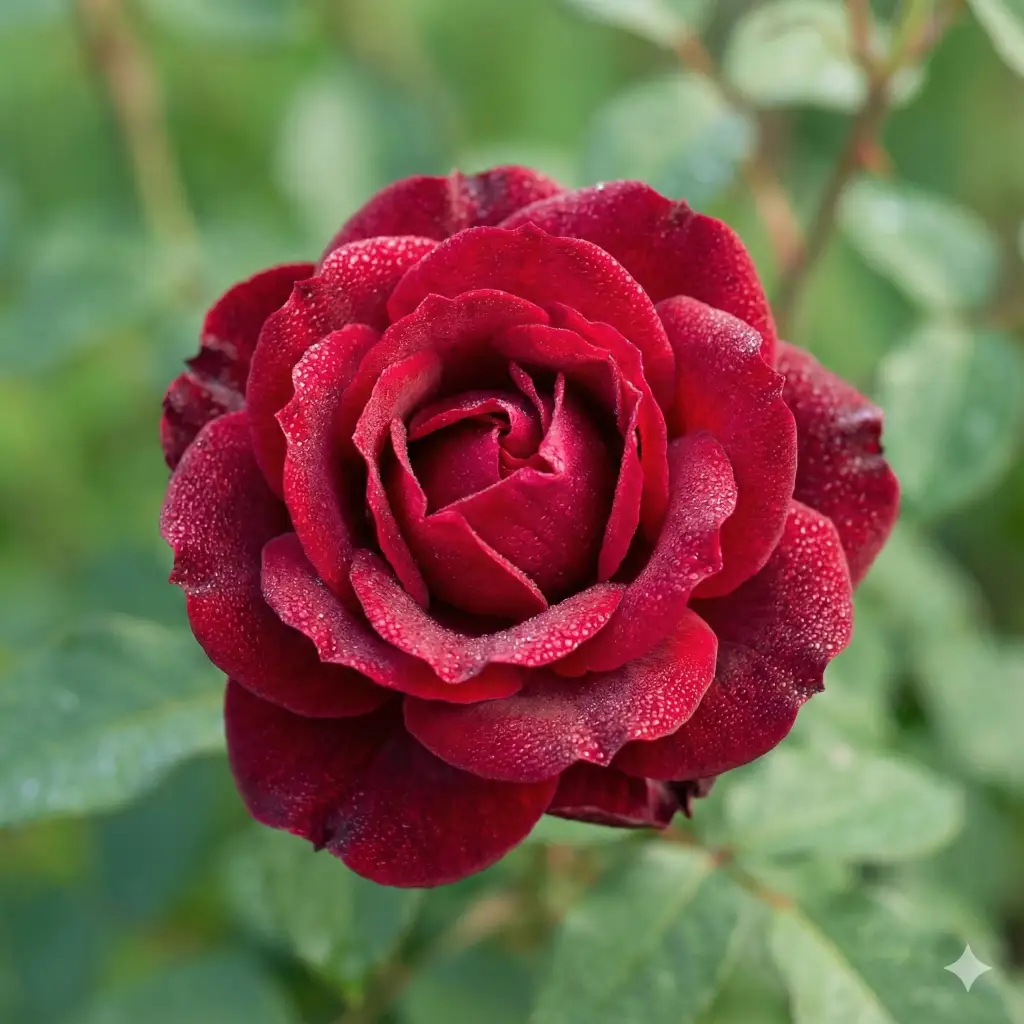 Blooming rose with morning dew close-up macro photo created with Nano Banana Pro