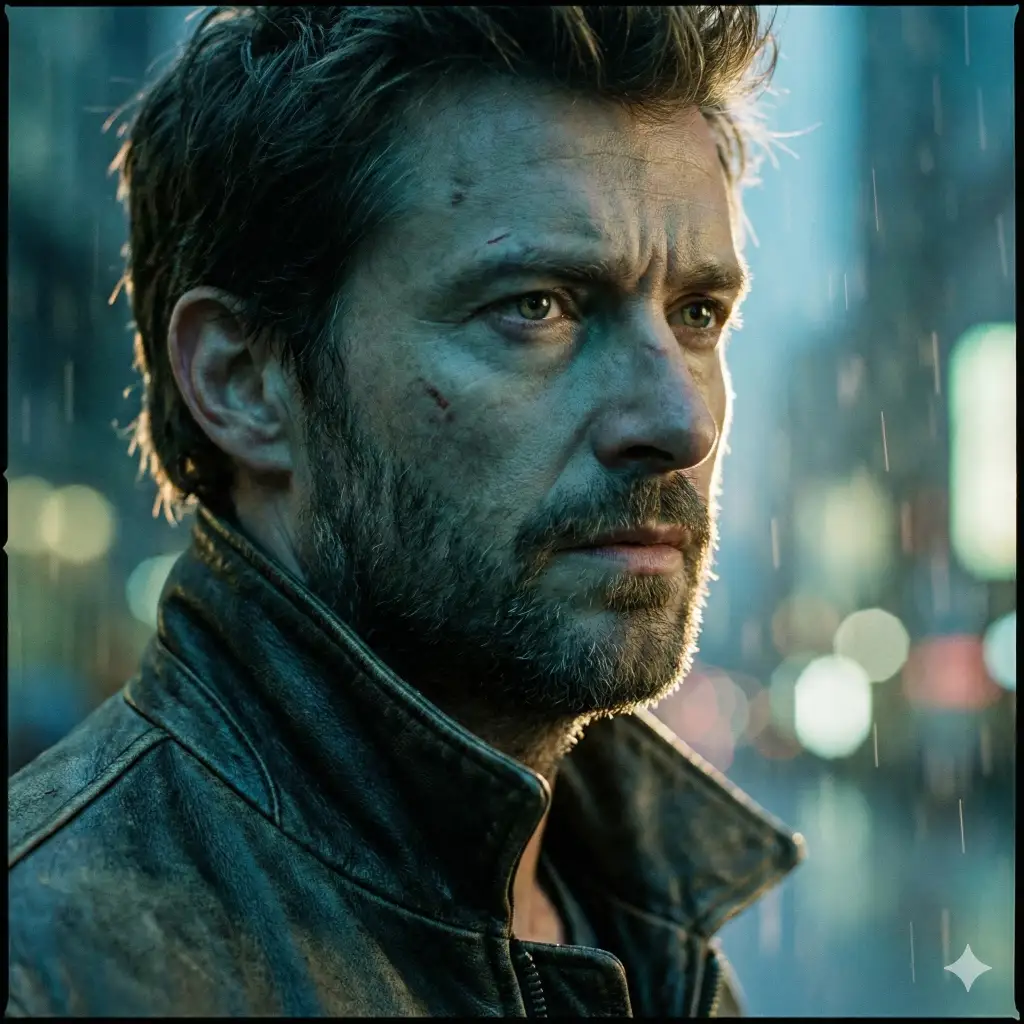 Cinematic man in leather jacket close-up portrait created with Nano Banana Pro