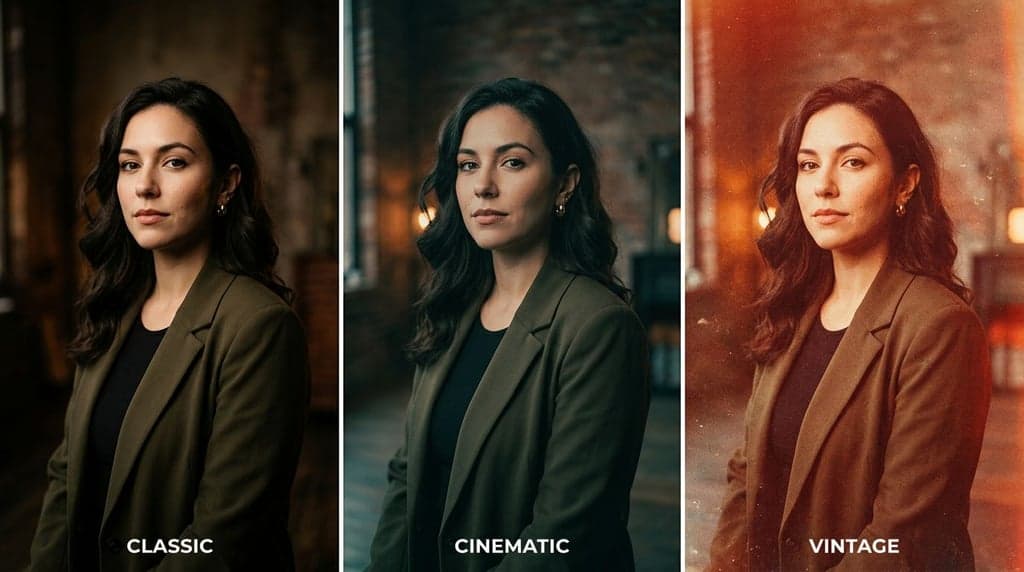 Three-panel cinematic split: Classic Rembrandt portrait, modern teal-orange grade, and retro Kodachrome aesthetic