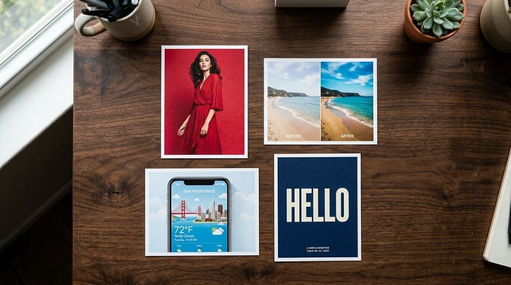 Four printed cards on a walnut desk representing the five prompting frameworks: fashion editorial, before/after, weather app, and typographic poster