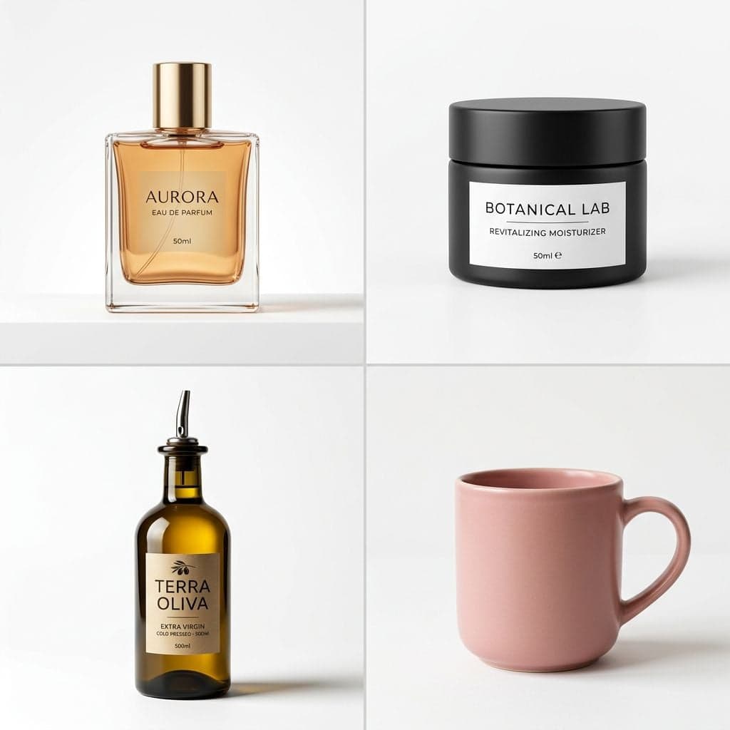 2×2 grid of product mockups: perfume bottle, cosmetic jar, olive oil bottle, and a dusty rose coffee mug